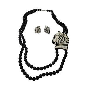 Vintage Double Strand Zebra Necklace and Earring Set